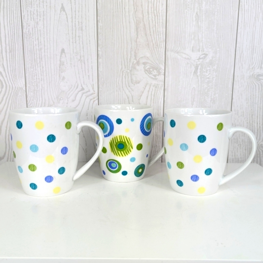3 Bright Circle Dot Mugs Kmart White Blue Green Yellow Coffee Cups Porcelain
